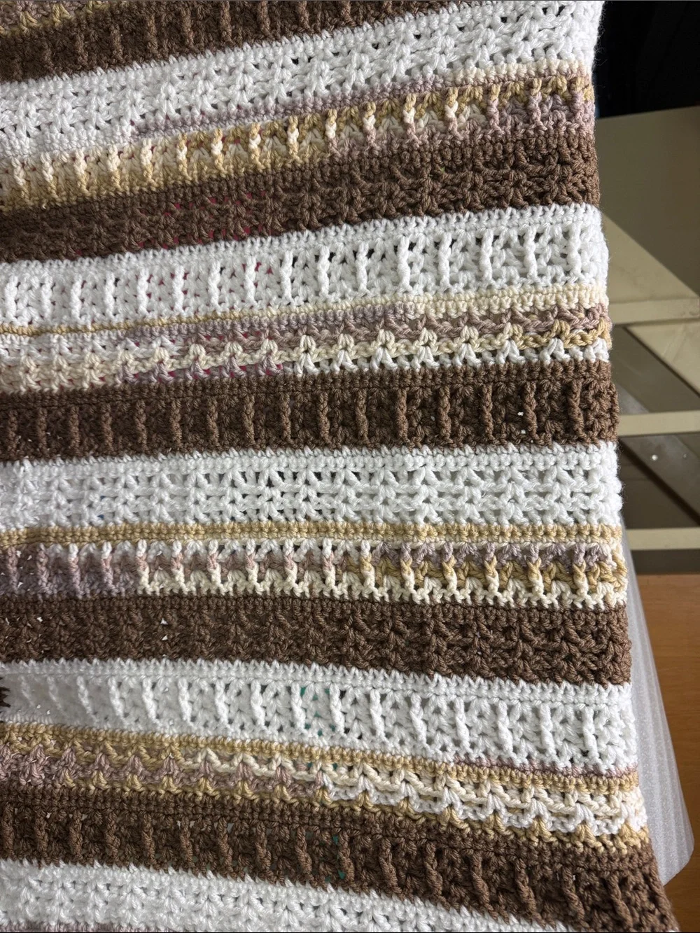 Handmade Brown and Cream Striped Crochet Throw Blanket